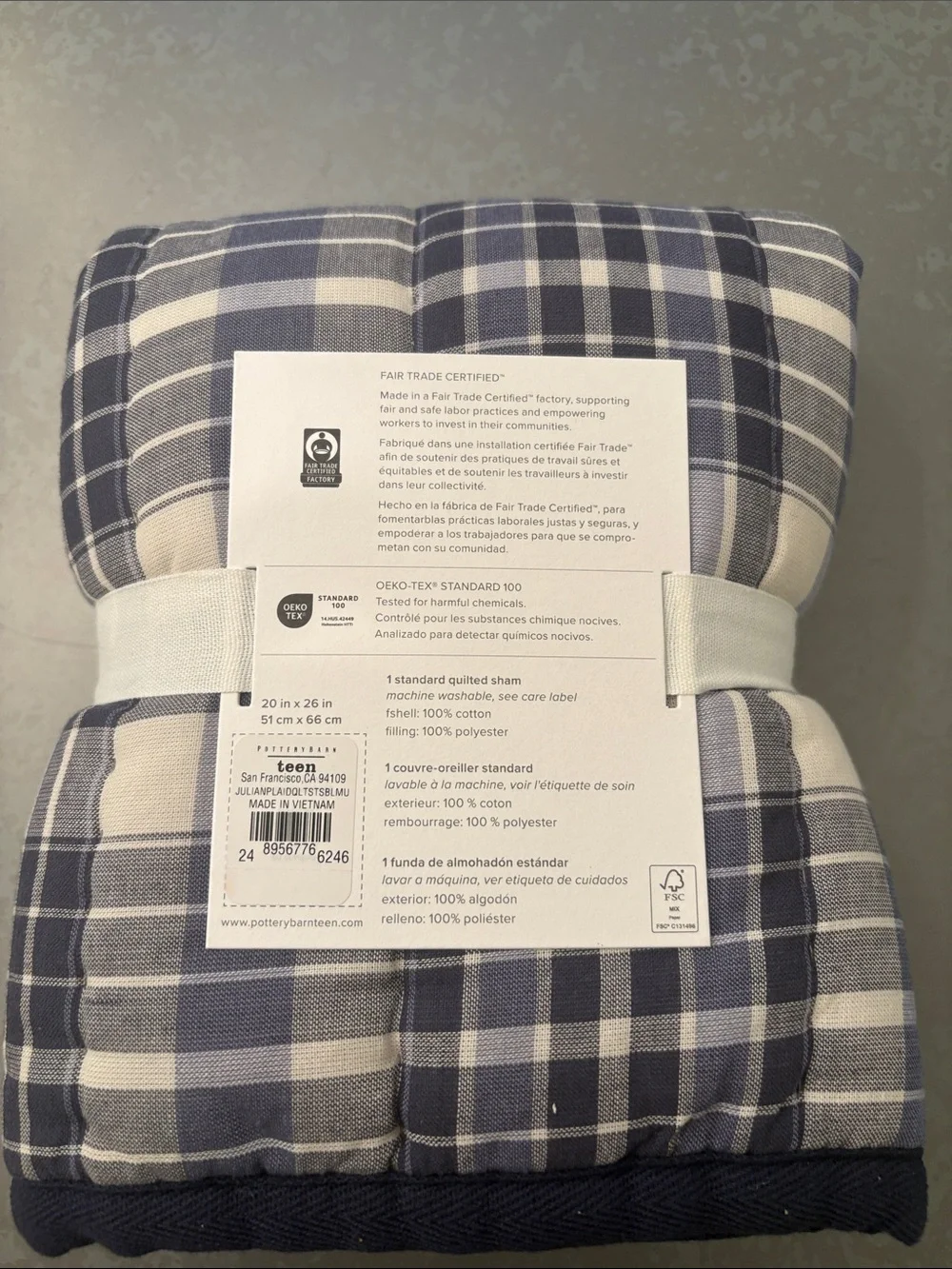 Pottery Barn Teen Julian Plaid Quilted Sham - Blue & Cream Plaid